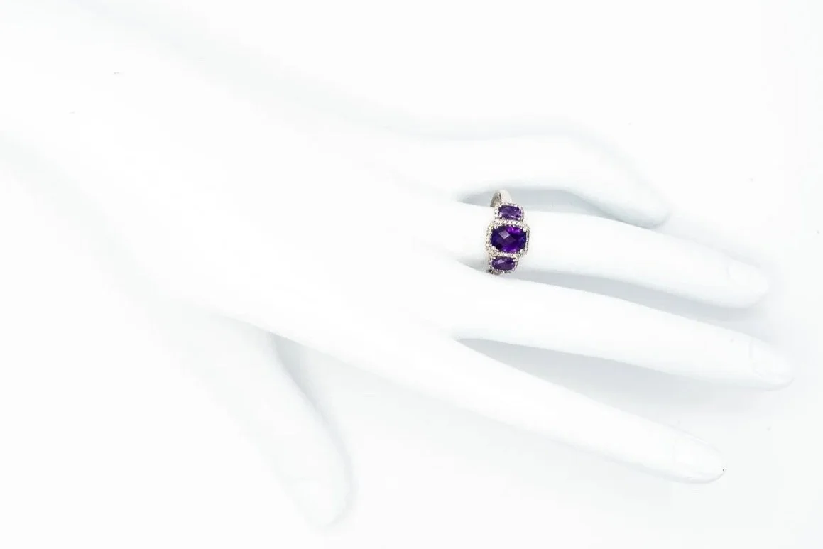 (H)White Gold Diamond Amethyst Gemstone Ring