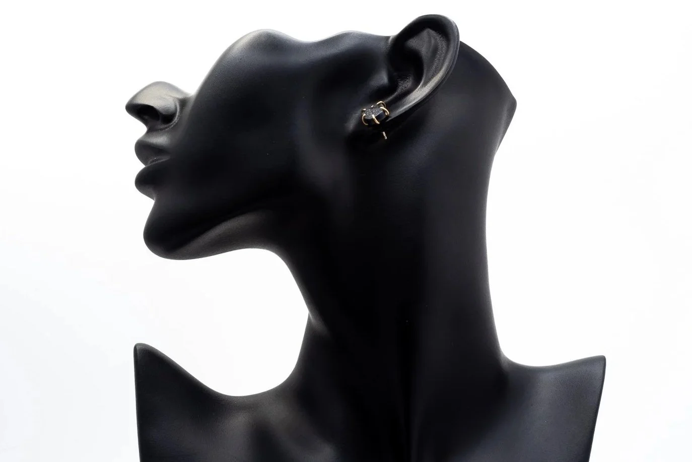 (S)Yellow Gold Solitaire Black Onyx Druzy Stud Earrings