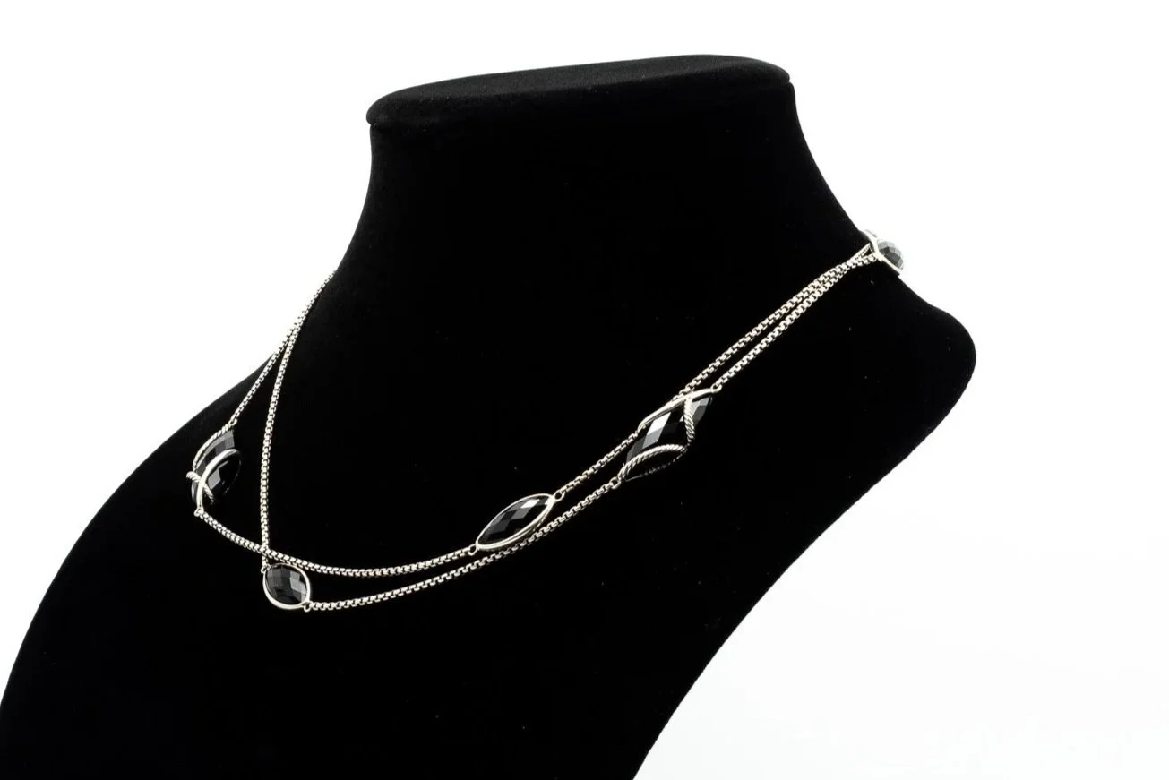 (S)Sterling Silver Black Onyx David Yurman Designer Station Necklace