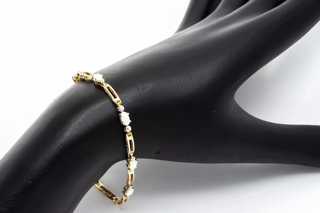 (W)Yellow Gold Diamond White Opal Fancy Link Bracelet