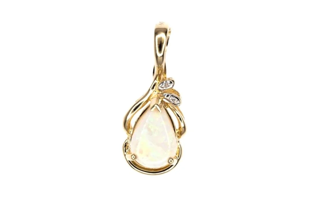 (T)Yellow Gold Diamond White Opal Drop Pendant