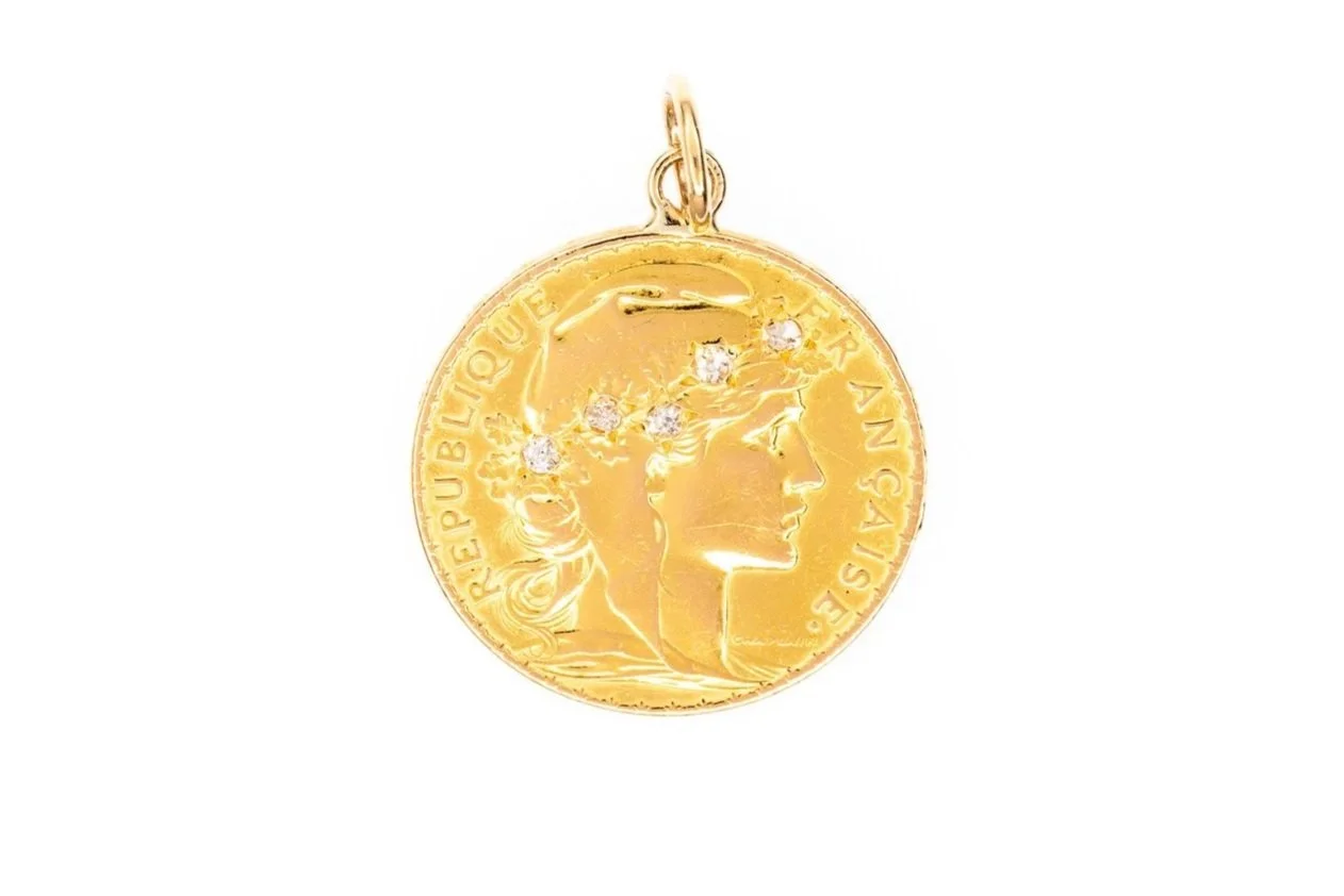 (Ta)Yellow Gold Single Cut Diamond French Francs Coin Pendant