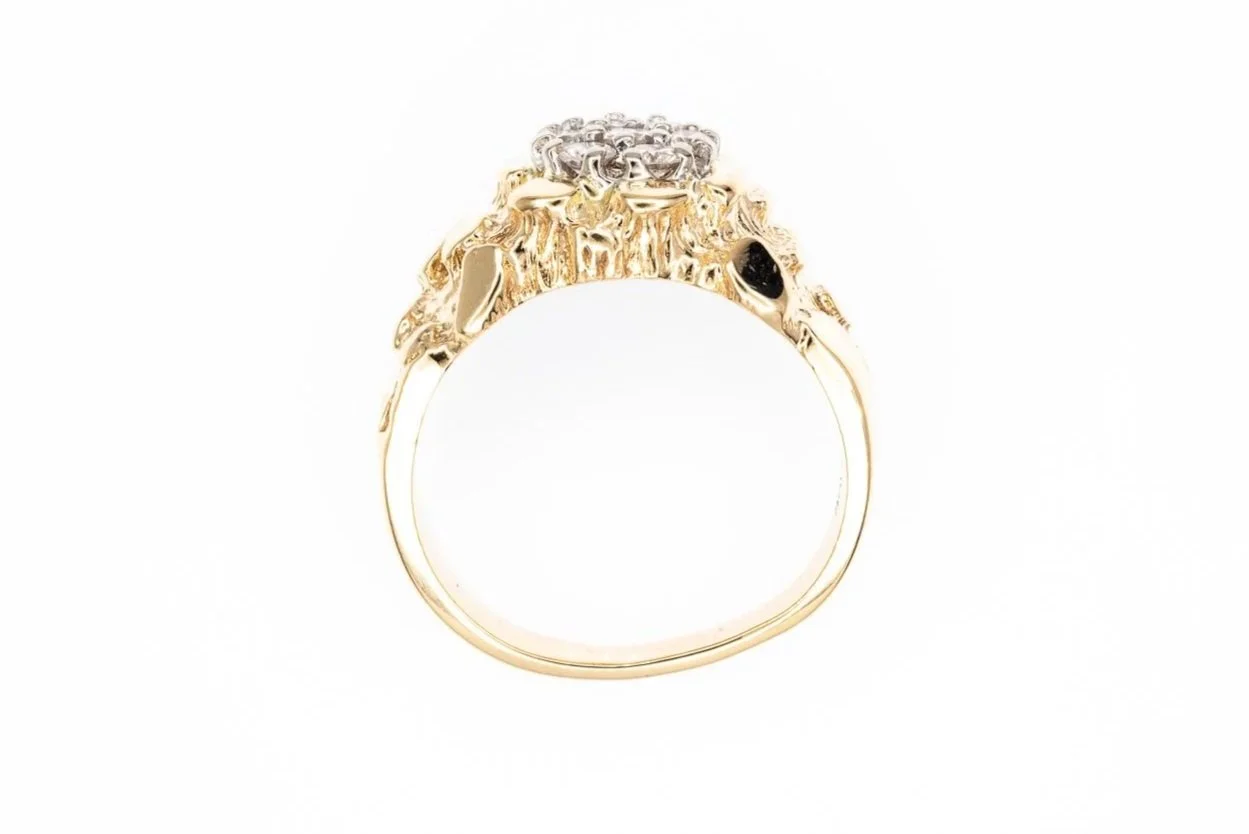(F)Yellow White Gold Round Brilliant Cut Nugget Carved Multi Diamond Ring
