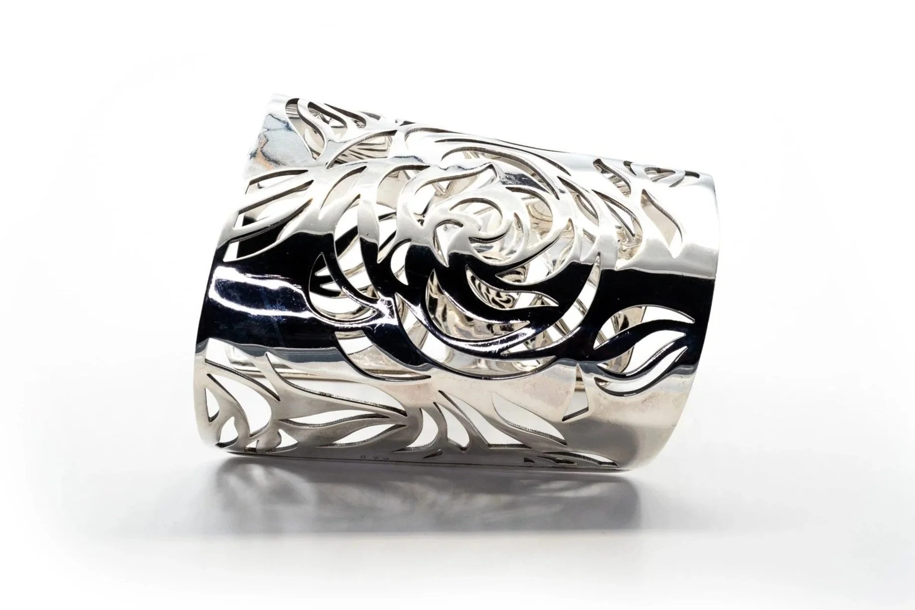 (T)Sterling Silver Designer Chanel Camellia Cuff Bracelet