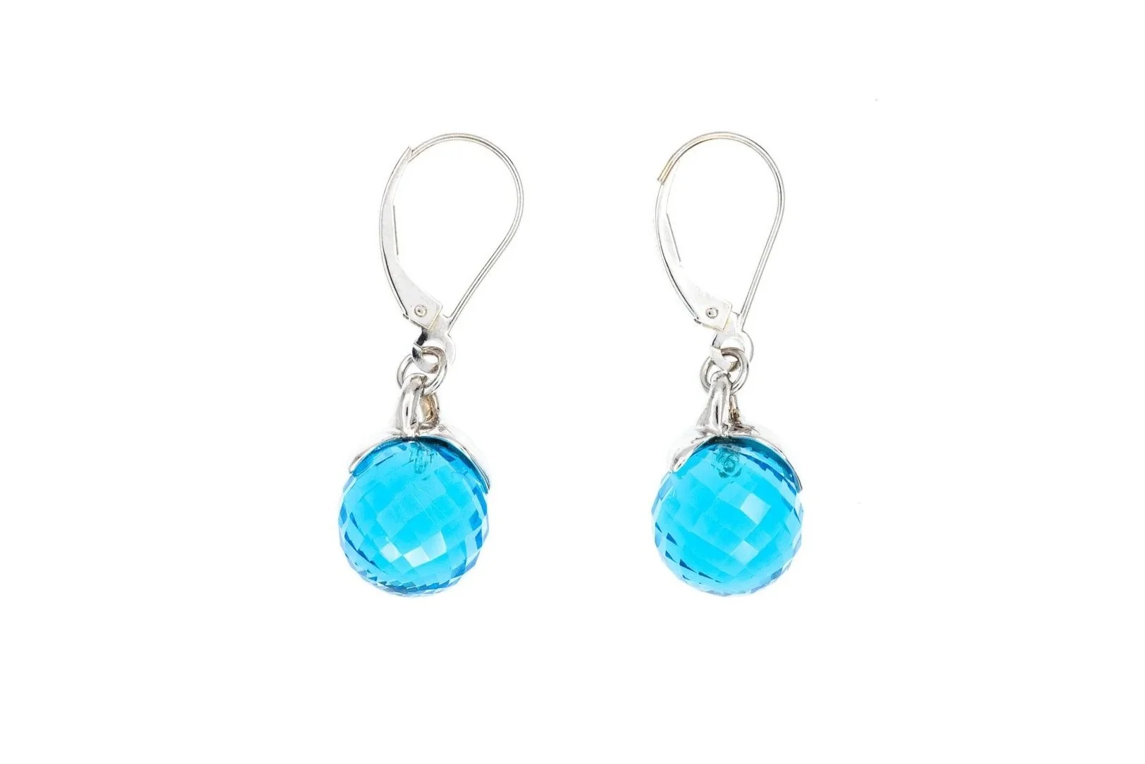 (T)White Gold Solitaire Blue Topaz Bead Drop Dangle Lever Back Earrings