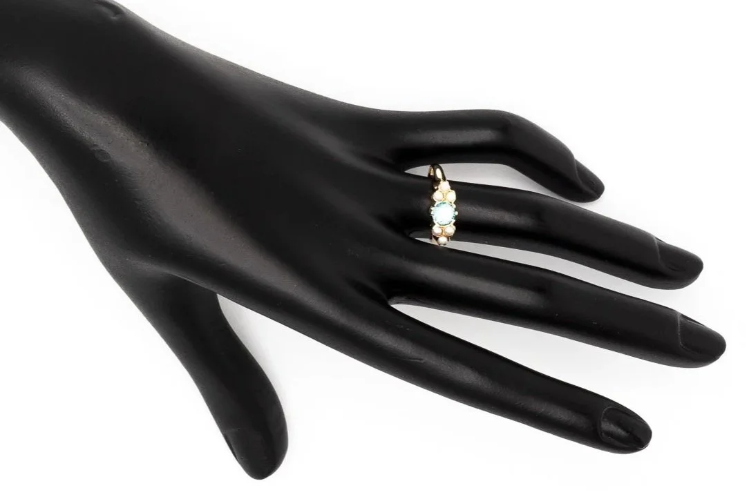 (H)Yellow Gold Seed Pearl Blue Zircon Birks Designer Cluster Ring
