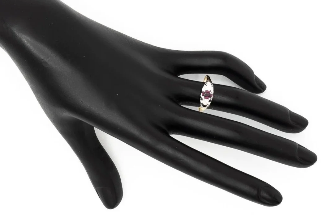 (H)Yellow White Gold Old European Cut Diamond Rhodolite Garnet Three Stone Gemstone Ring