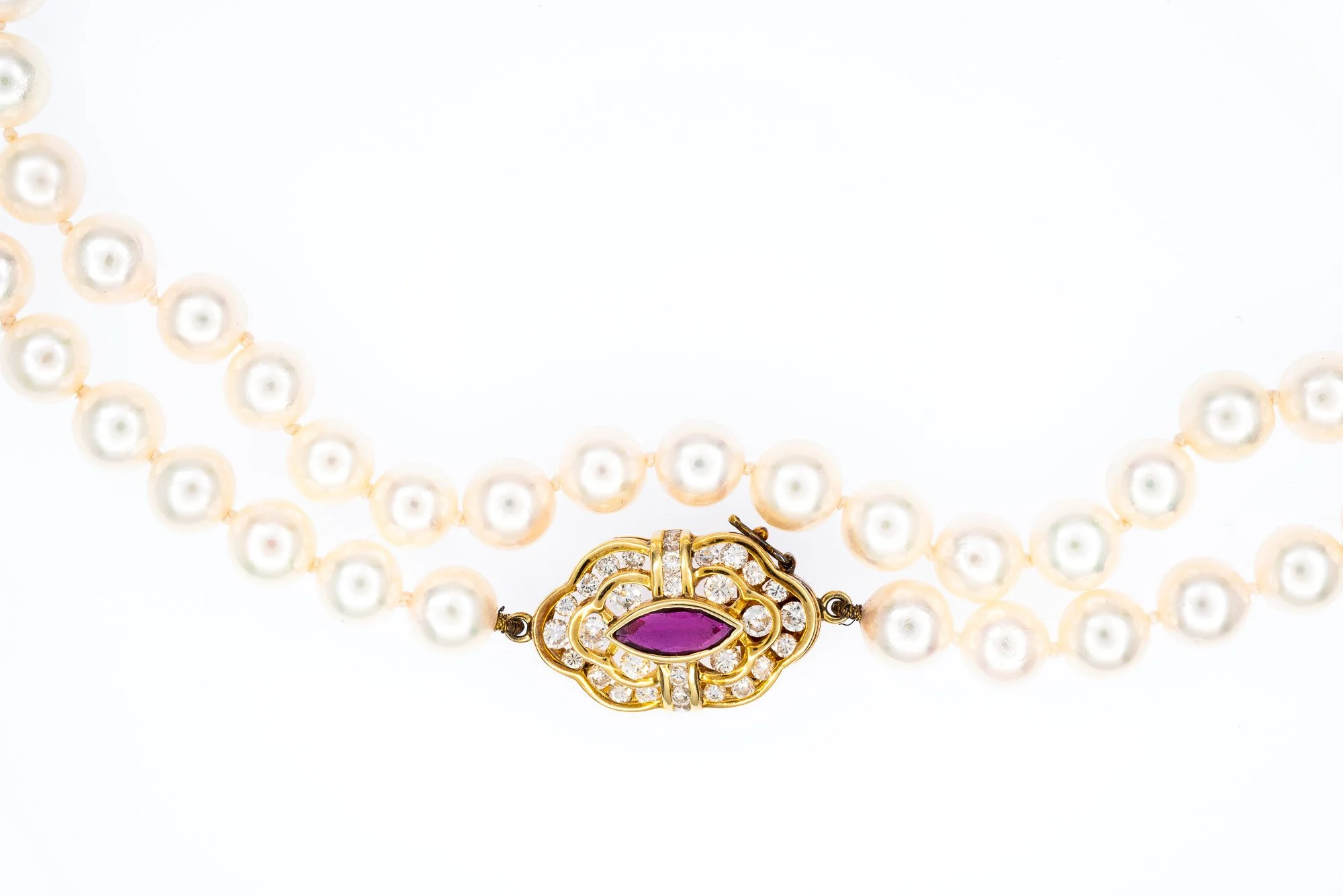 (Ta)Yellow Gold Ruby Diamond Akoya Cultured Pearl Knotted Strand Necklace
