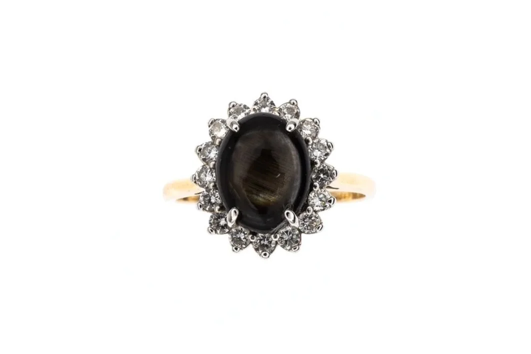 (T)Yellow White Gold Diamond Untreated Black Star Sapphire Gemstone Ring