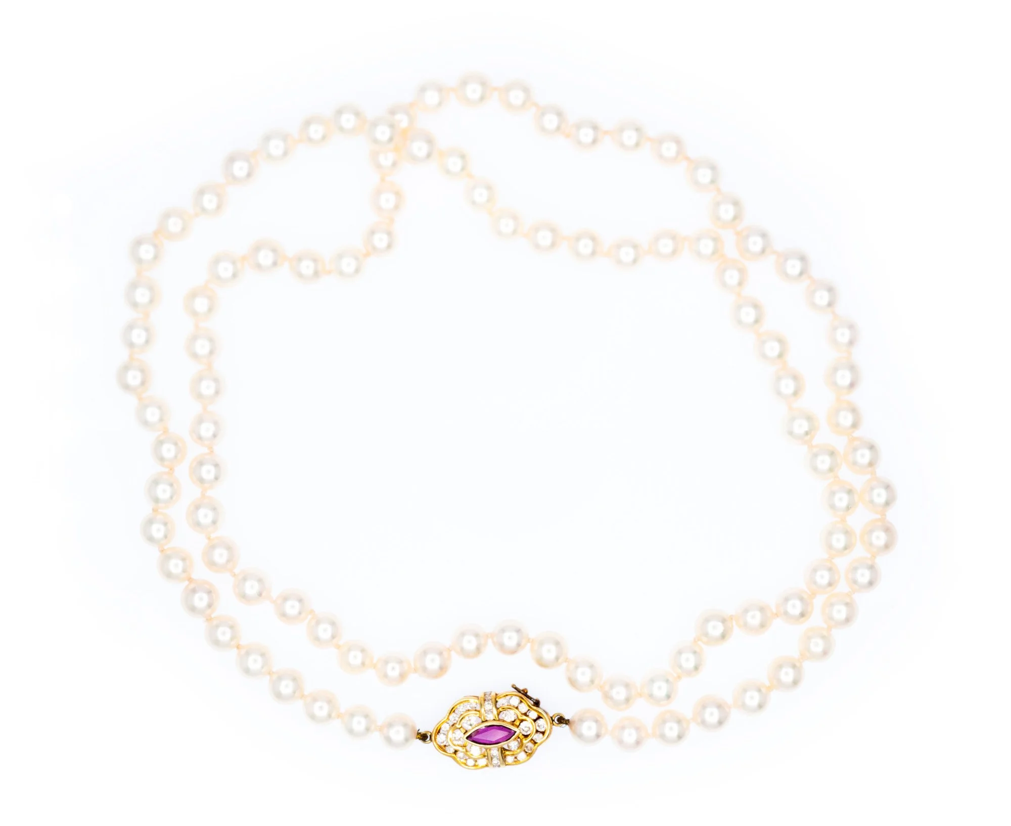 (Tb)Yellow Gold Ruby Diamond Akoya Cultured Pearl Knotted Strand Necklace