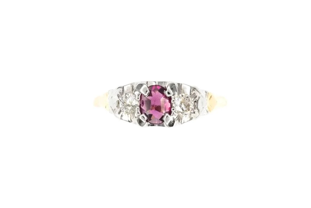 (T)Yellow White Gold Old European Cut Diamond Rhodolite Garnet Three Stone Gemstone Ring
