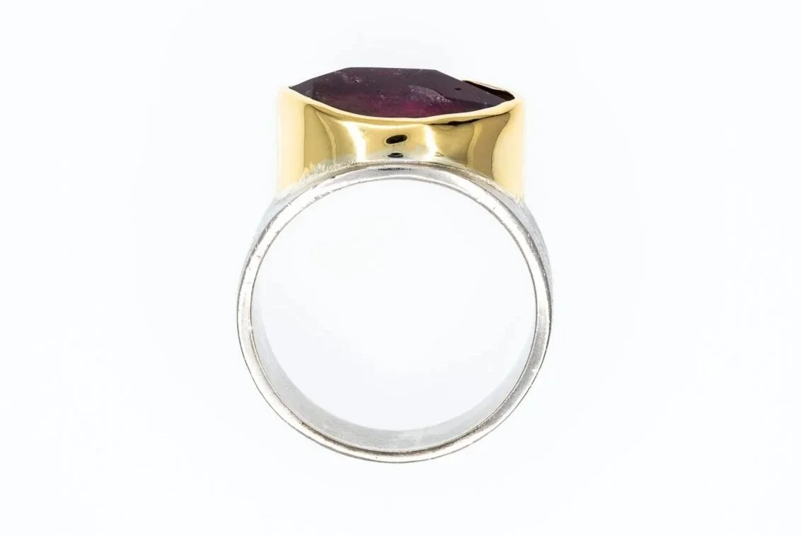(F)Yellow Gold Sterling Silver Solitaire Watermelon Tourmaline Gemstone Ring