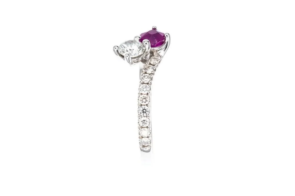 (S)White Gold Diamond Ruby Bypass Gemstone Ring