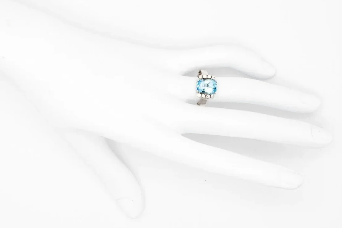 (H)White Gold Diamond Aquamarine Gemstone Ring