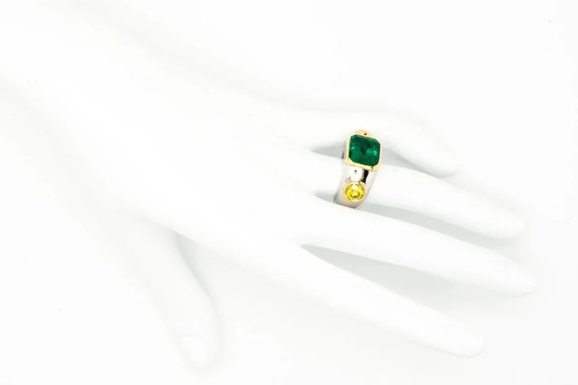 (H)White Yellow Gold Diamond Emerald Gemstone Ring