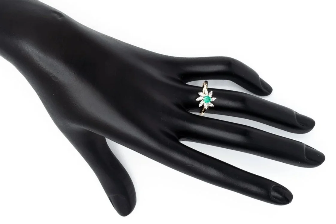 (H)Yellow Gold Diamond Emerald Gemstone Ring