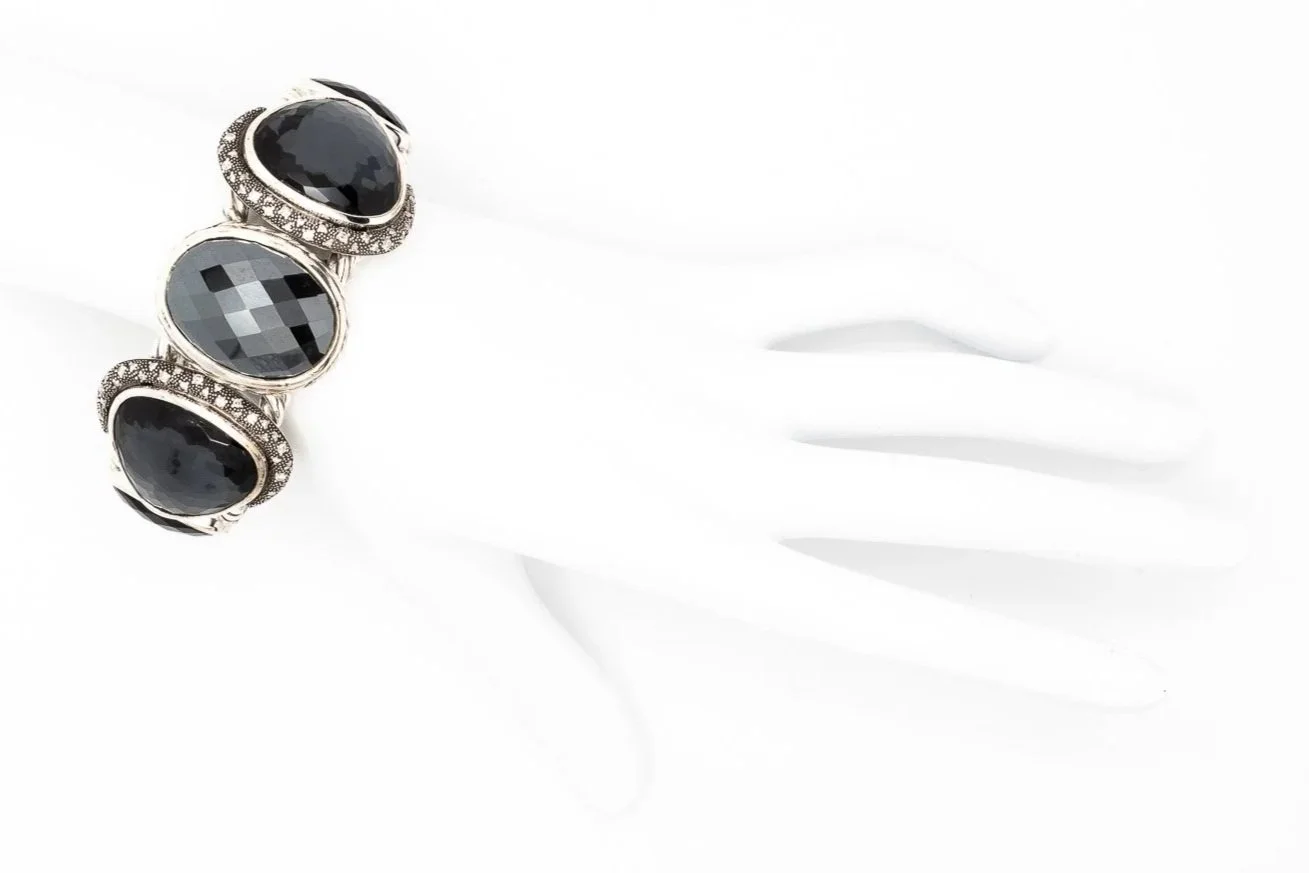 (H)Sterling Silver Stainless Steel Hematite Black Onyx Diamond Yurman Cuff Bracelet