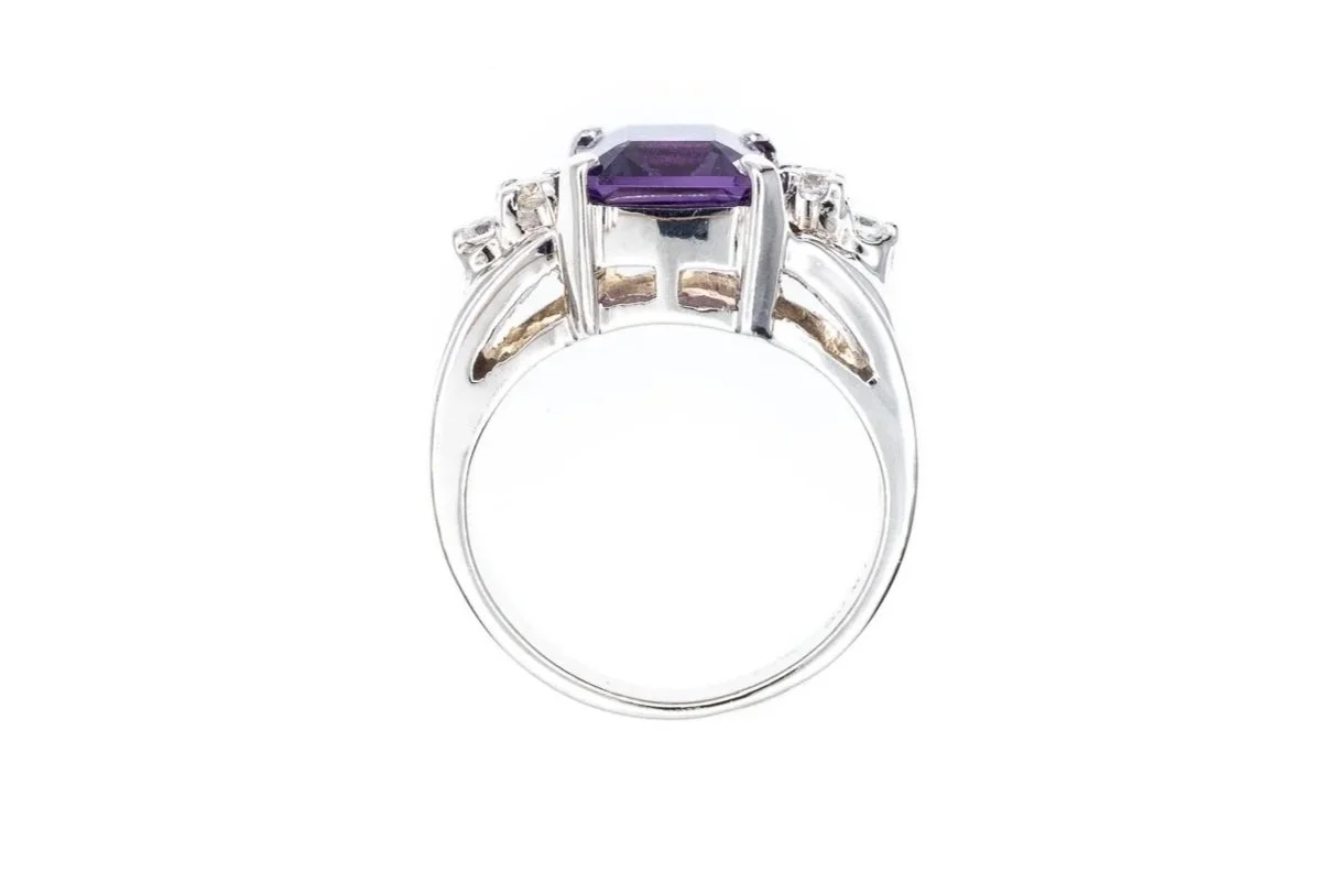 (F)White Gold Cubic Zirconia Amethyst Gemstone Ring
