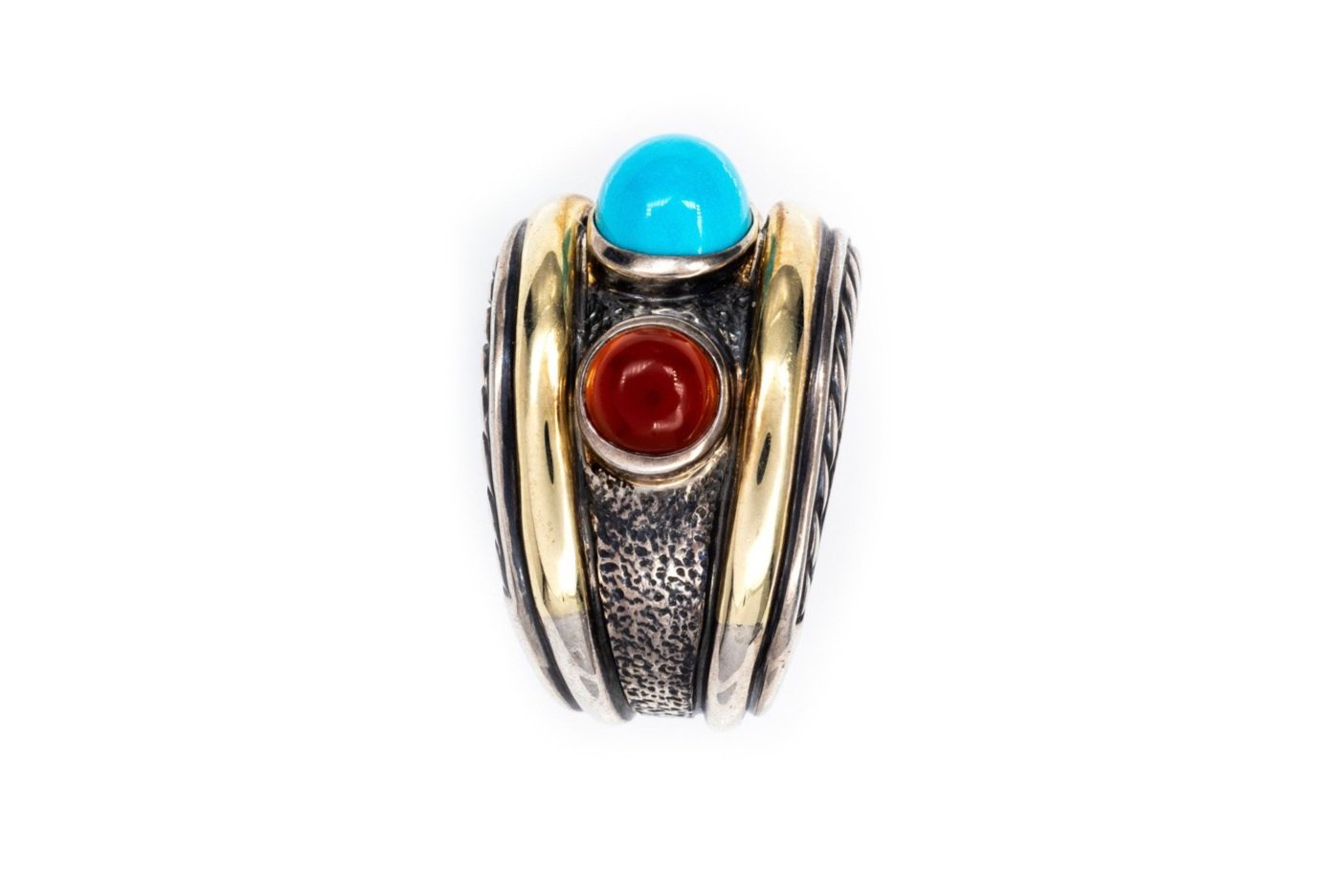 (S)Sterling Silver Yellow Gold Turquoise Carnelian David Yurman Ring