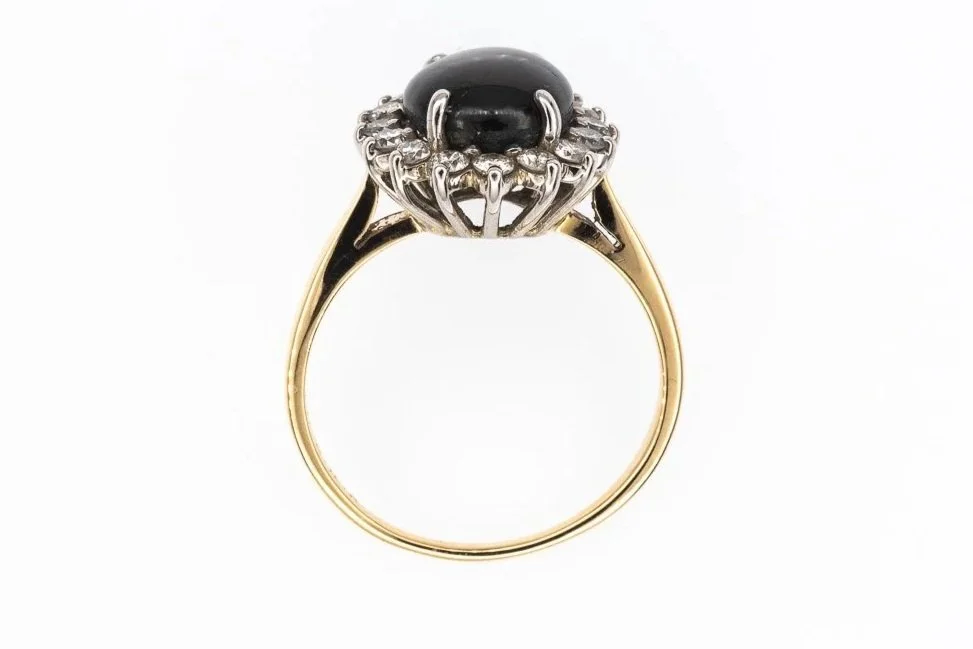 (F)Yellow White Gold Diamond Untreated Black Star Sapphire Gemstone Ring