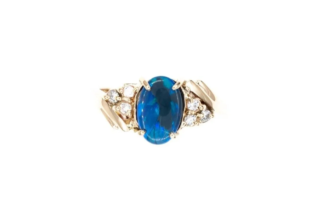 (T)Yellow Gold Diamond Black Opal Gemstone Ring