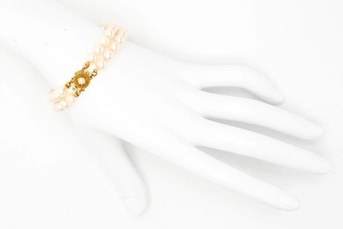 (H)Yellow Gold Akoya Cultured Pearl Knotted Double Strand Bracelet