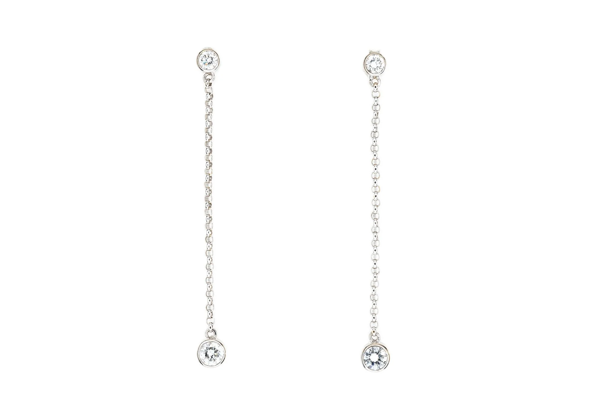 (T)White Gold Round Brilliant Cut Diamond Linear Drop Dangle Stud Earrings