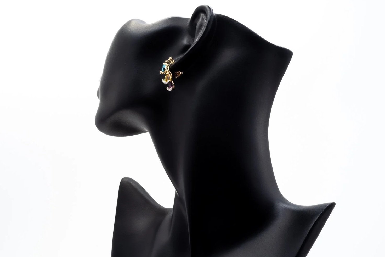 (B)Yellow Gold Diamond Blue Topaz Peridot Citrine Amethyst Stud Earrings