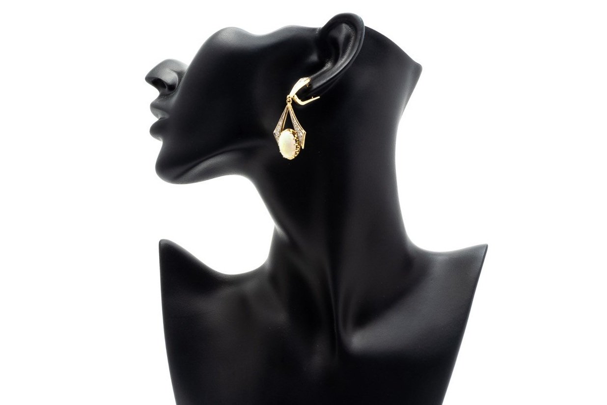 (S)White Yellow Gold White Opal Diamond Drop Dangle Stud Earrings