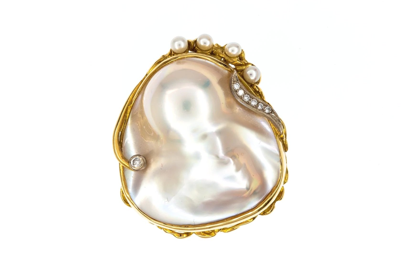(T)Yellow Gold Diamond Pearl Gemstone Ring