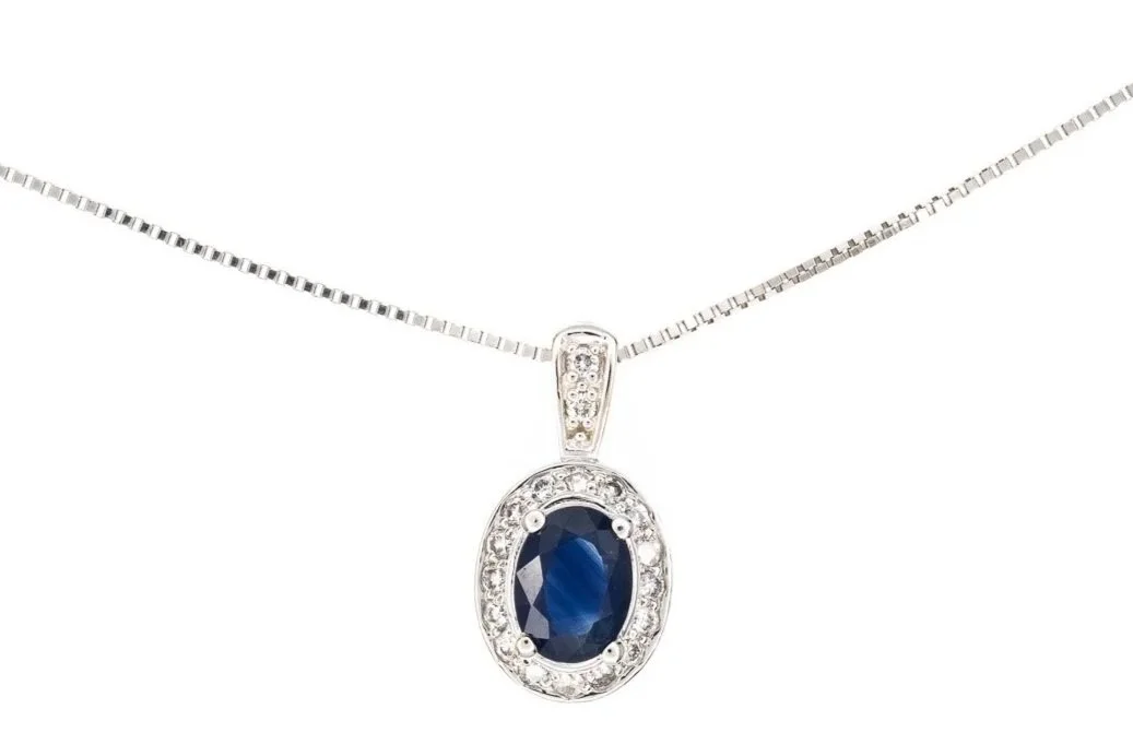 (T)White Gold Round Brilliant Cut Diamond Sapphire Halo Pendant