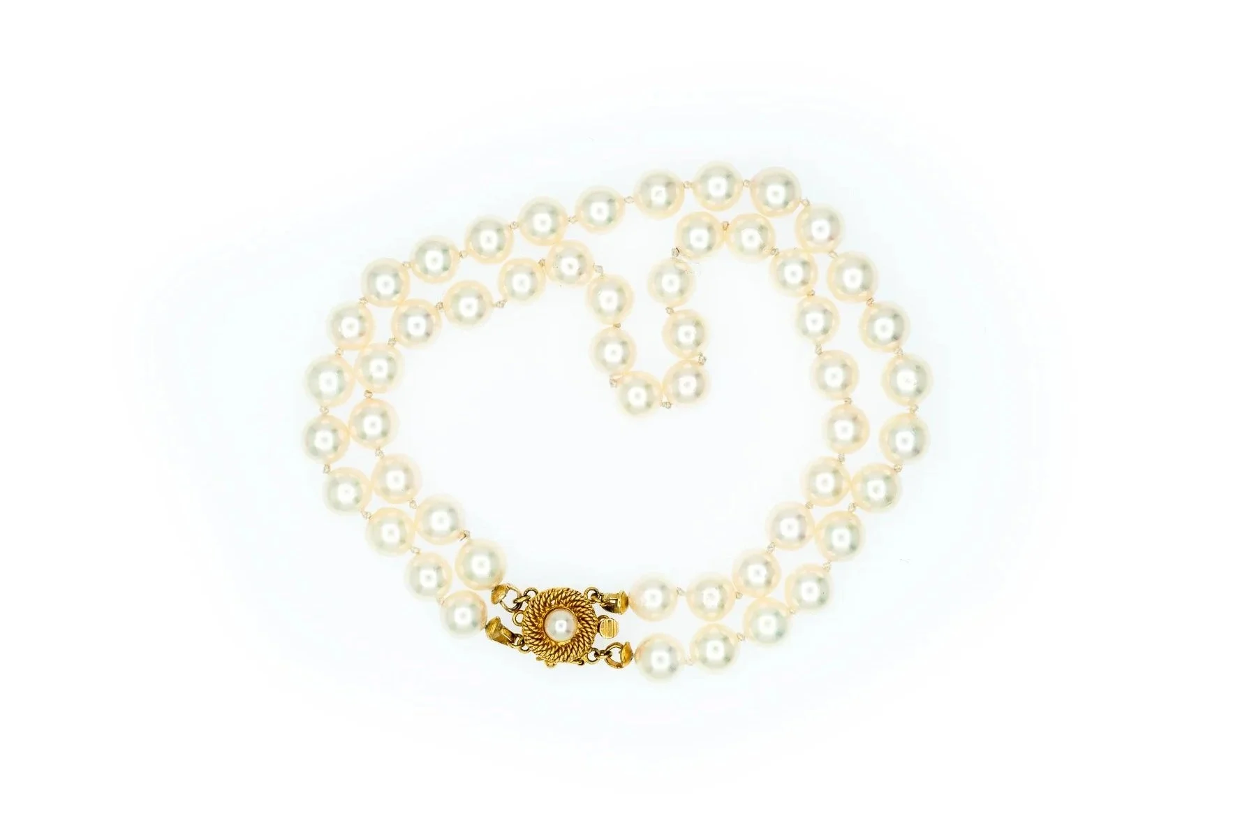 (T)Yellow Gold Akoya Cultured Pearl Knotted Double Strand Bracelet