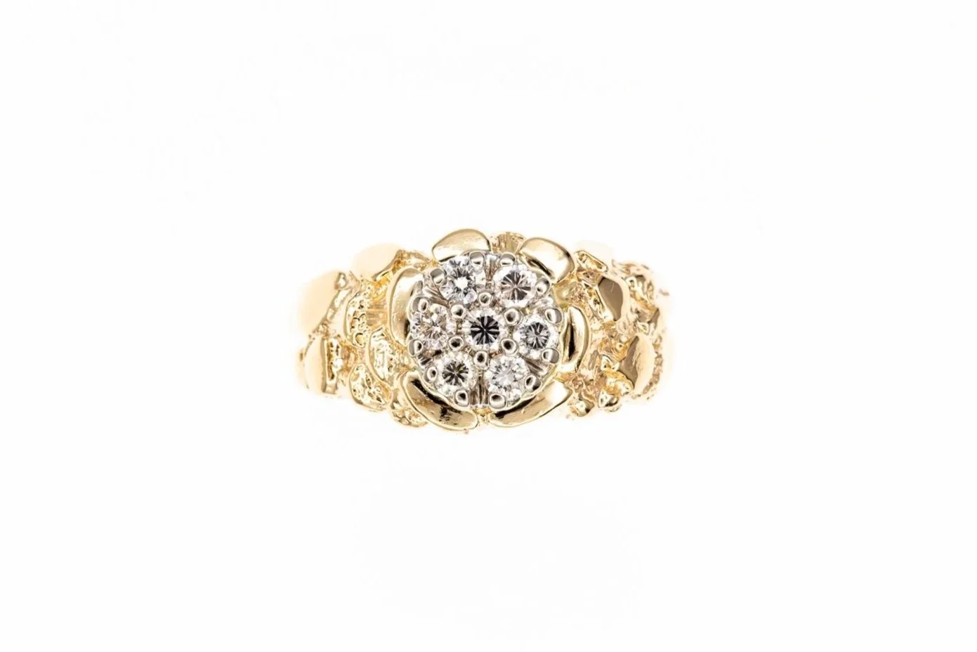 (T)Yellow White Gold Round Brilliant Cut Nugget Carved Multi Diamond Ring