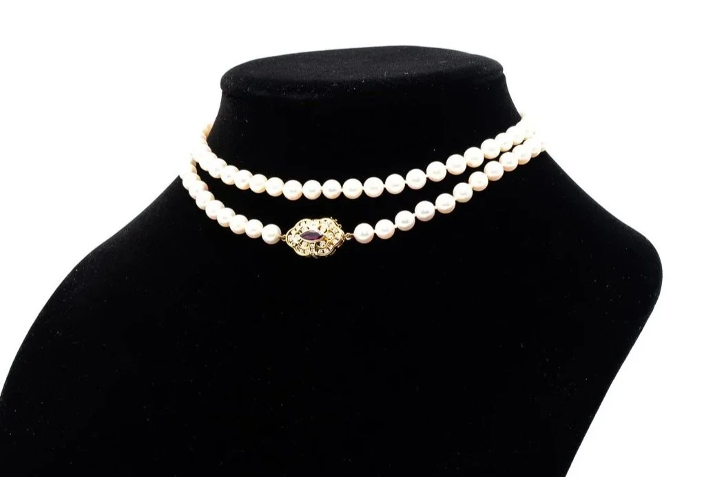 (S)Yellow Gold Ruby Diamond Akoya Cultured Pearl Knotted Strand Necklace