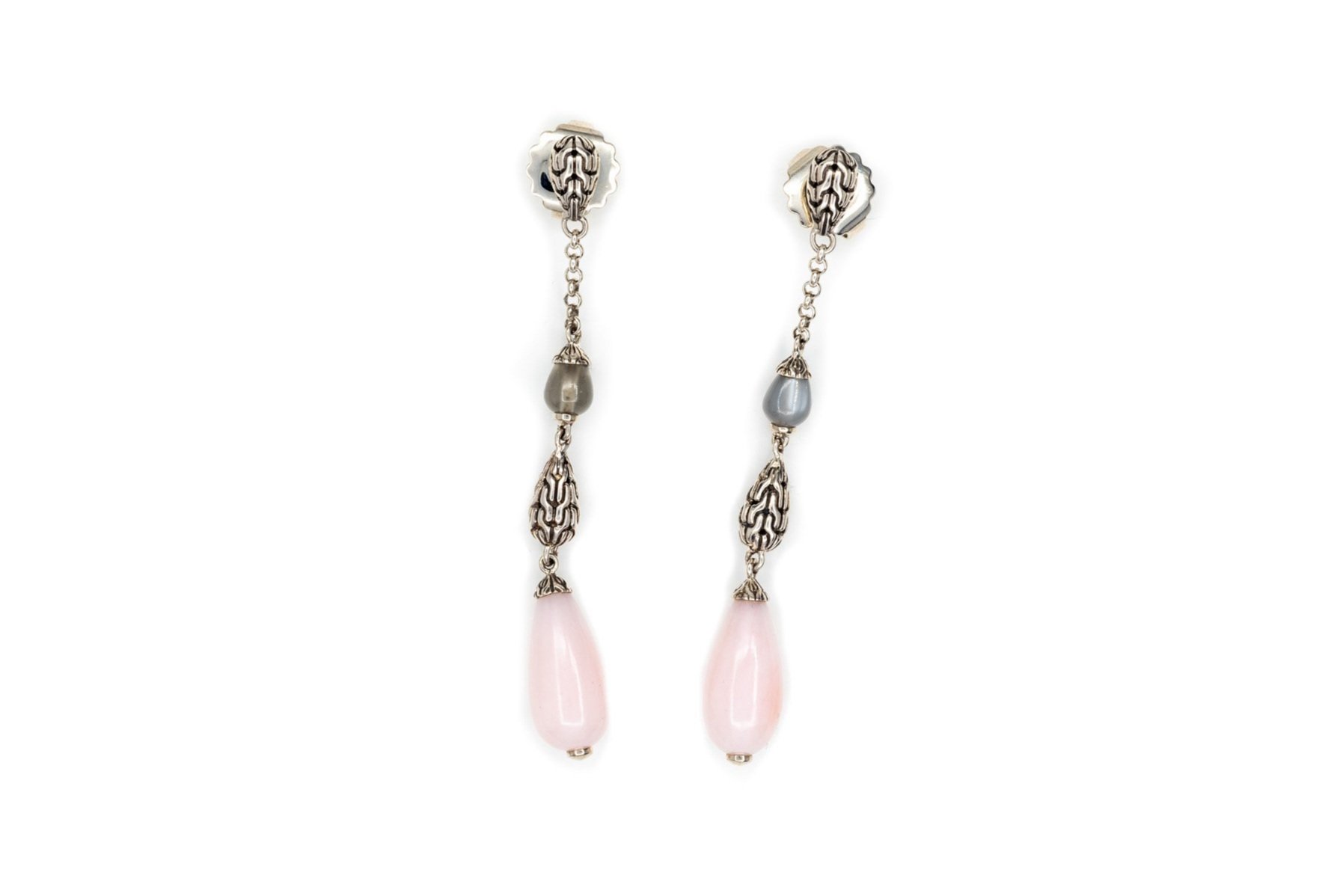 (T)Sterling Silver Pink Coral Bead Moonstone Bead John Hardy Drop Dangle Stud Earrings