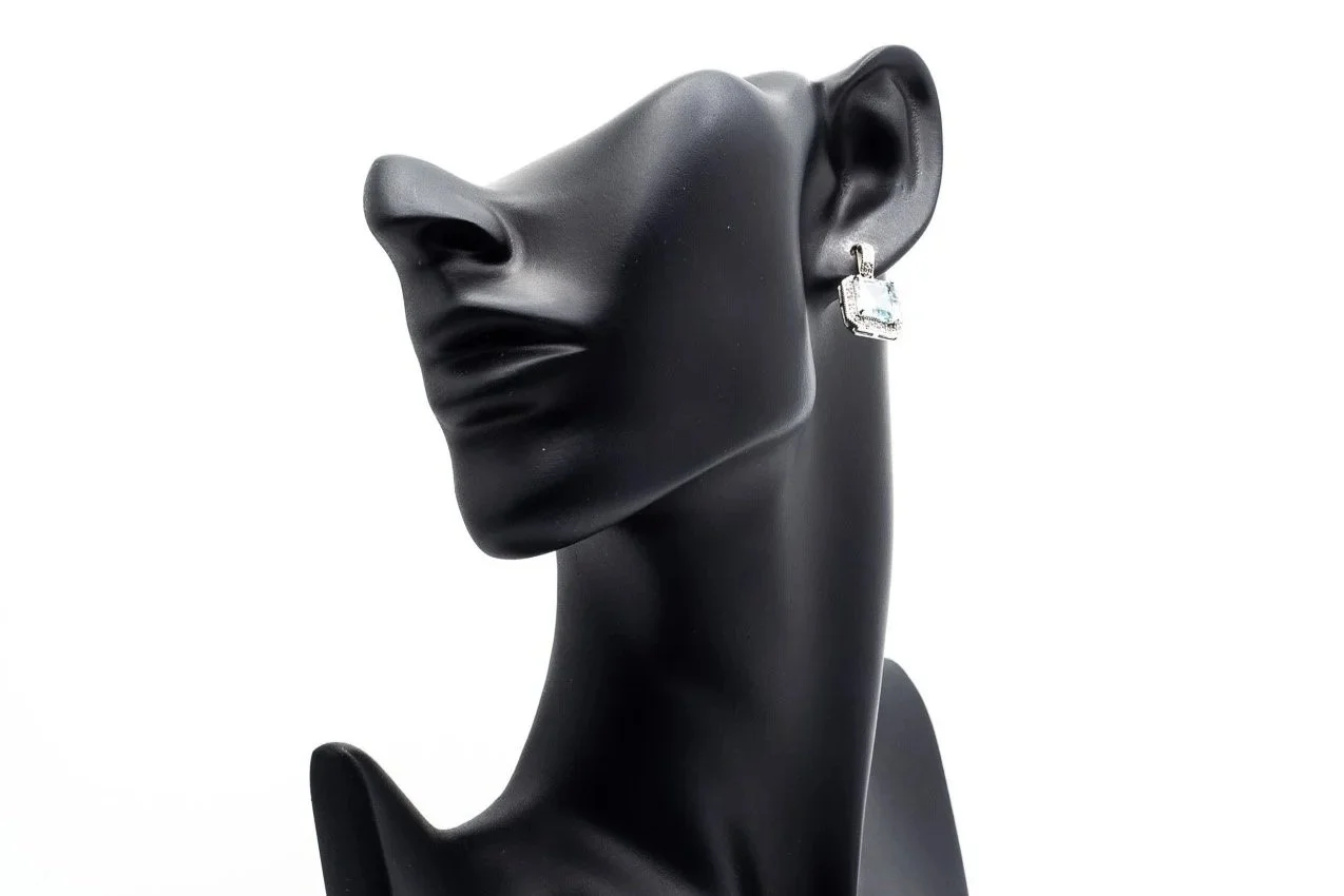 (T)White Gold Diamond Aquamarine Drop Dangle Lever Back Stud Earrings