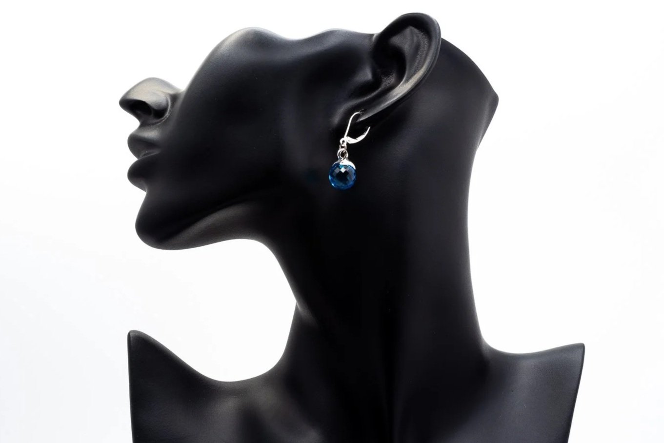 (S)White Gold Solitaire Blue Topaz Bead Drop Dangle Lever Back Earrings