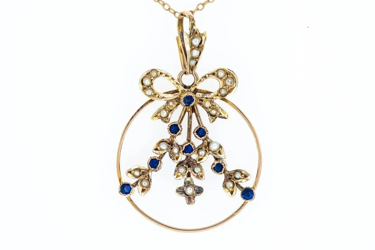 (T)Yellow Gold Seed Pearl Sapphire Birks Floral Motif Pendant Necklace