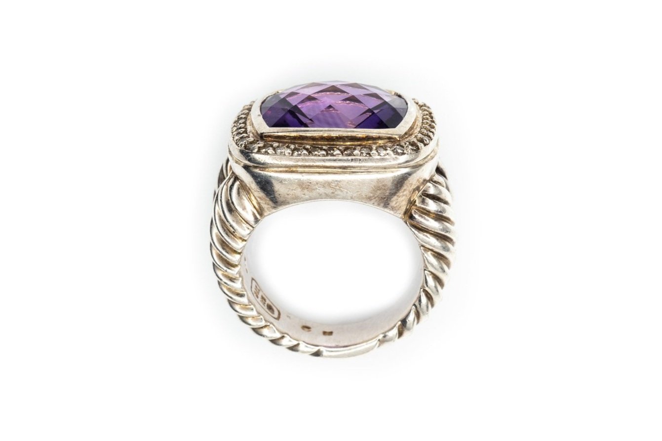 (F)Sterling Silver Round Brilliant Cut Diamond Amethyst David Yurman Ring