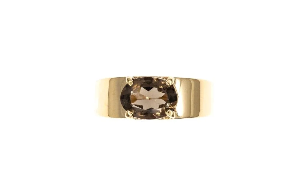 (T)Yellow Gold Solitaire Smoky Quartz Gemstone Ring