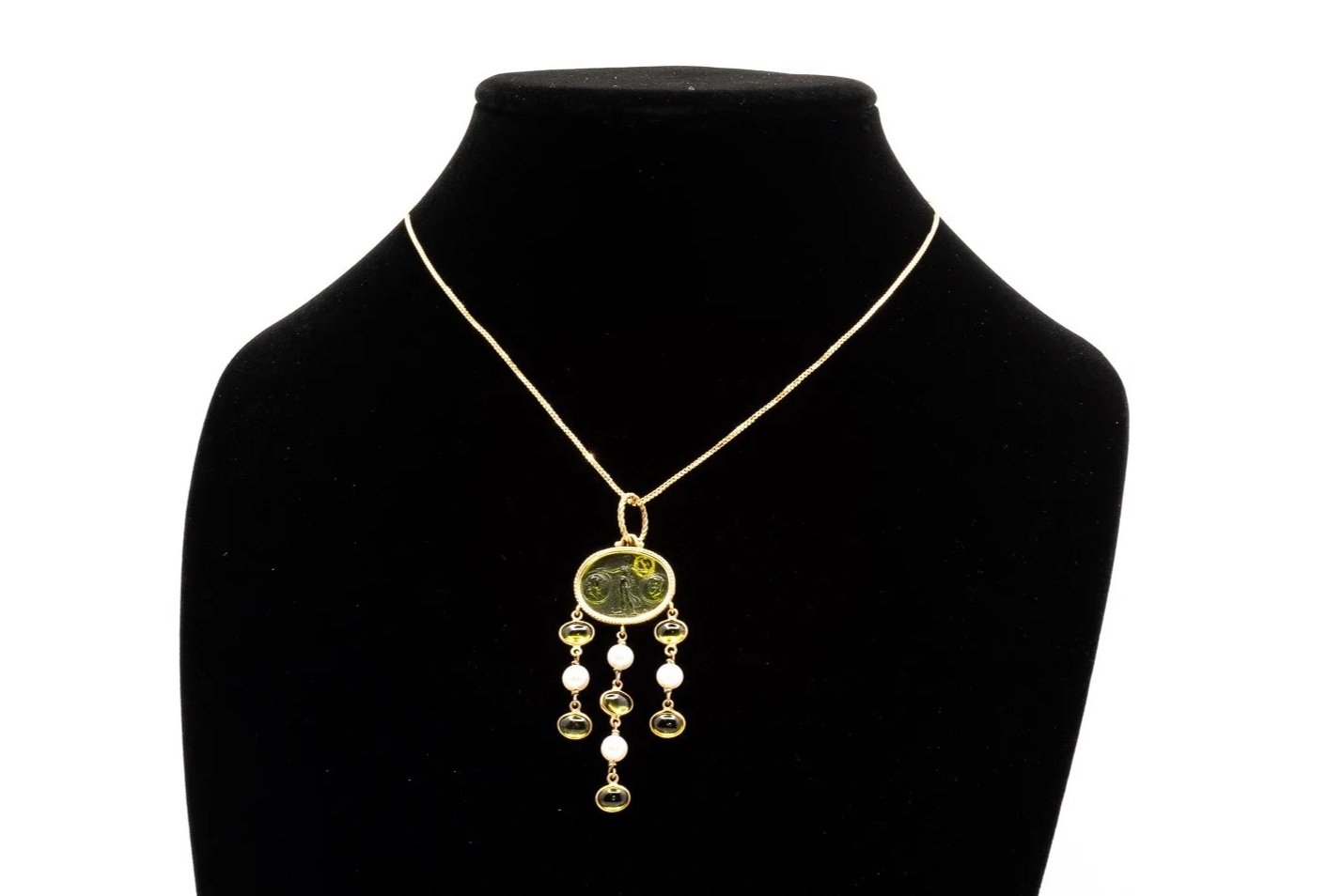 (F)Yellow Gold Freshwater Cultured Pearl Venetian Glass Cameo Peridot Drop Dangle Pendant