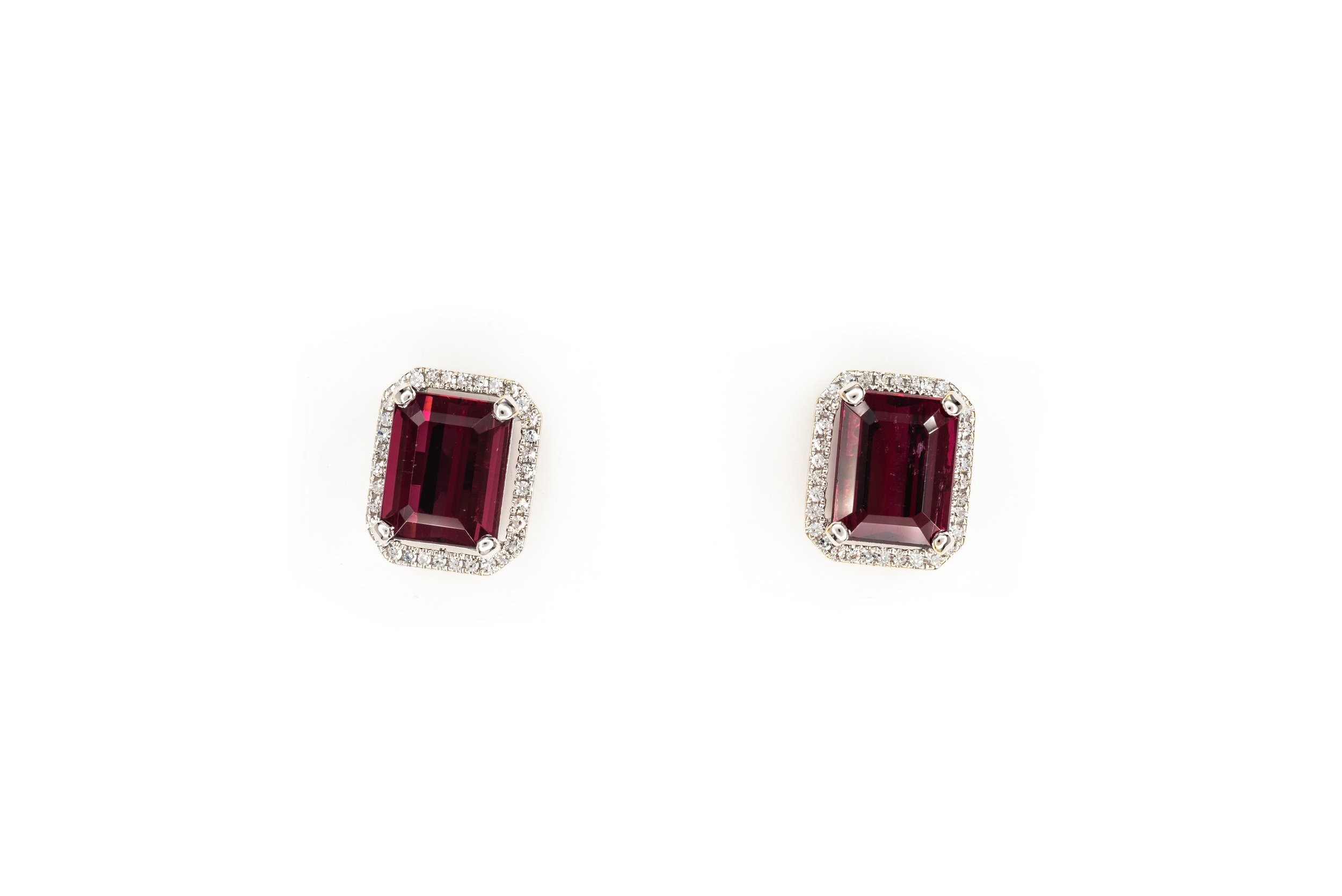 (T)White Gold Diamond Rubellite Tourmaline Stud Earrings
