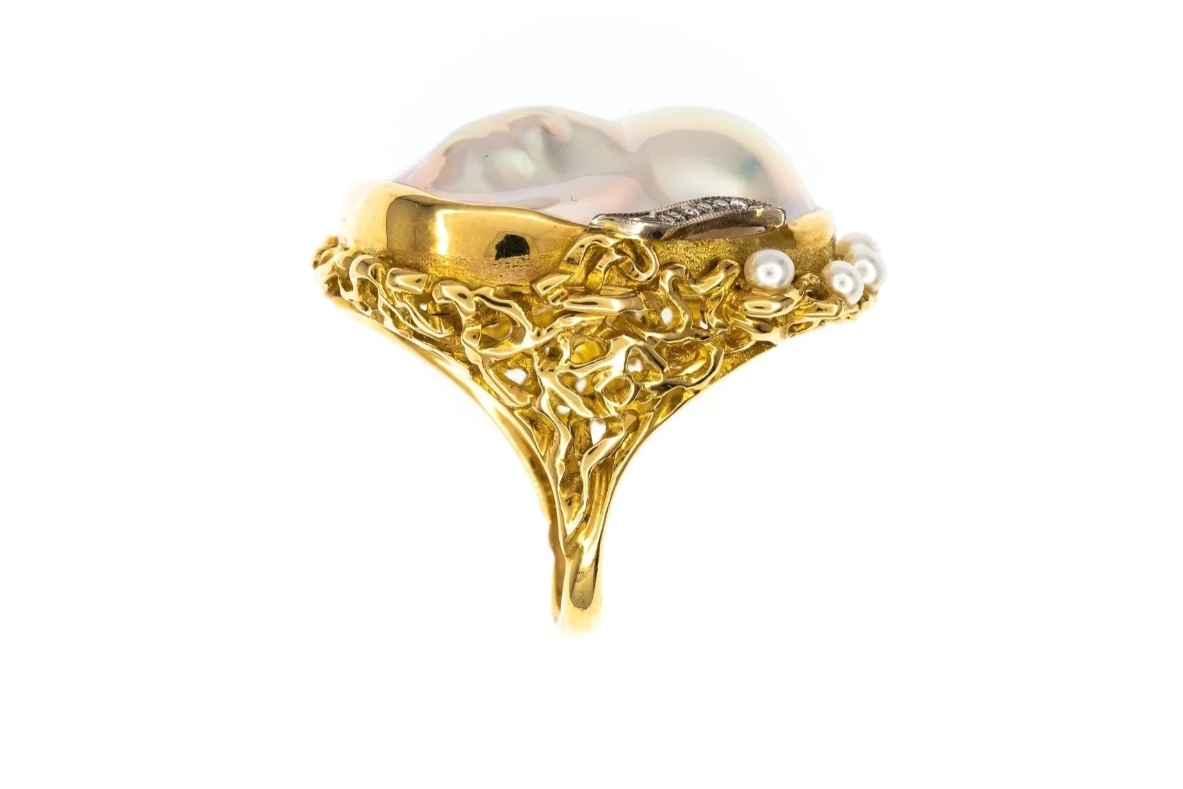 (S)Yellow Gold Diamond Pearl Gemstone Ring
