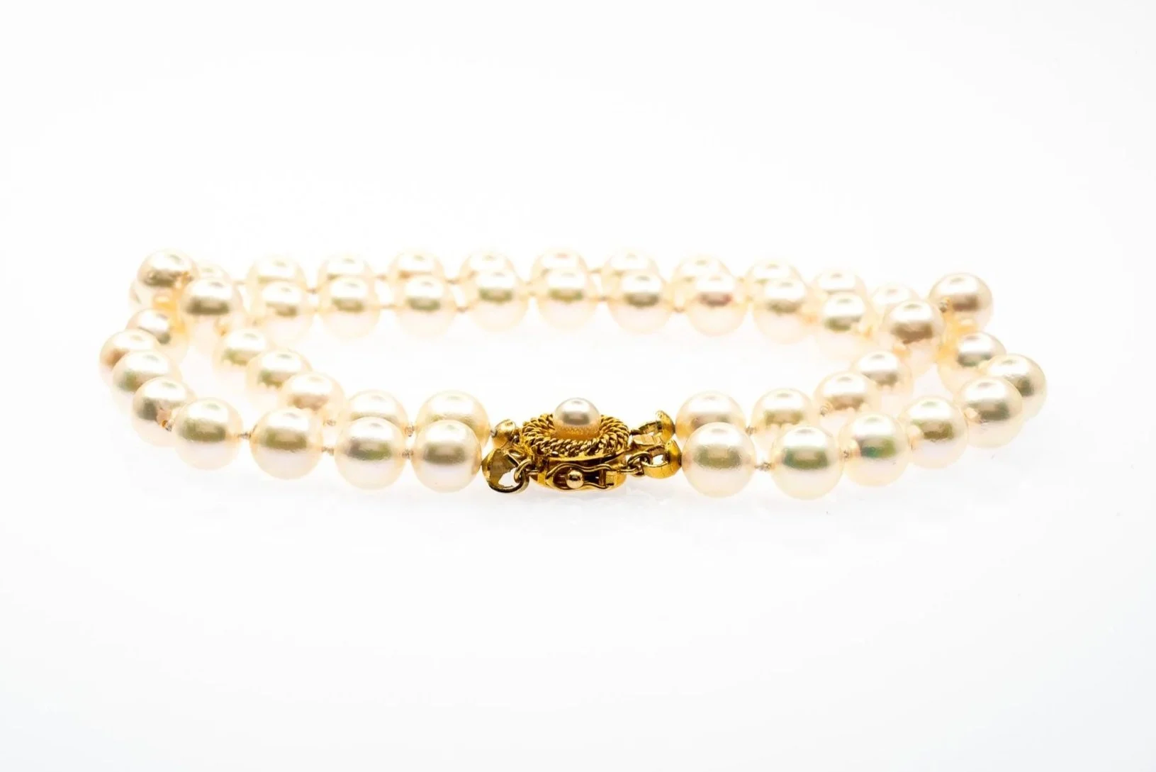 (F)Yellow Gold Akoya Cultured Pearl Knotted Double Strand Bracelet