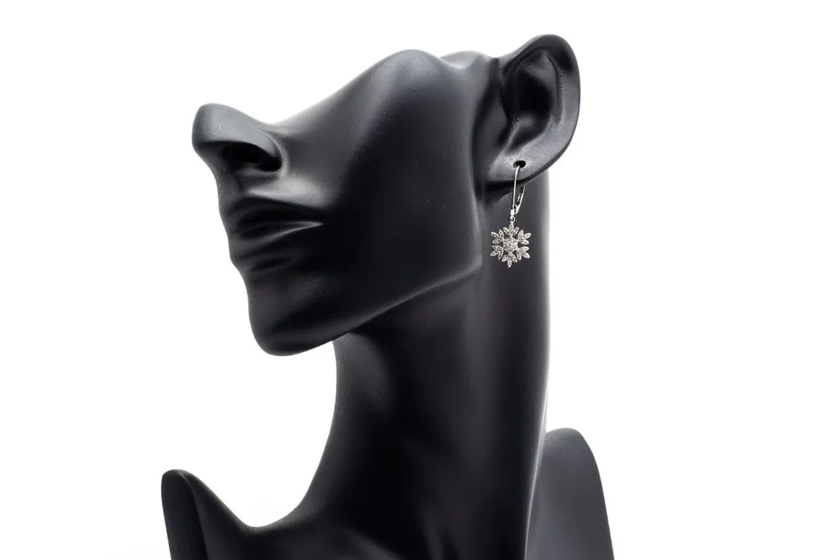 (F)White Gold Drop Dangle Lever Back Snowflake Motif Earrings