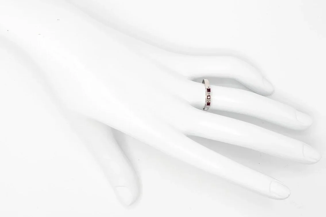 (H)White Gold Diamond Square Step Cut Ruby Band