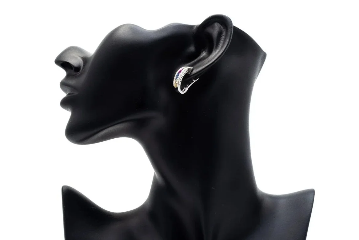 (S)White Gold Sapphire Diamond Hoop Stud Earrings