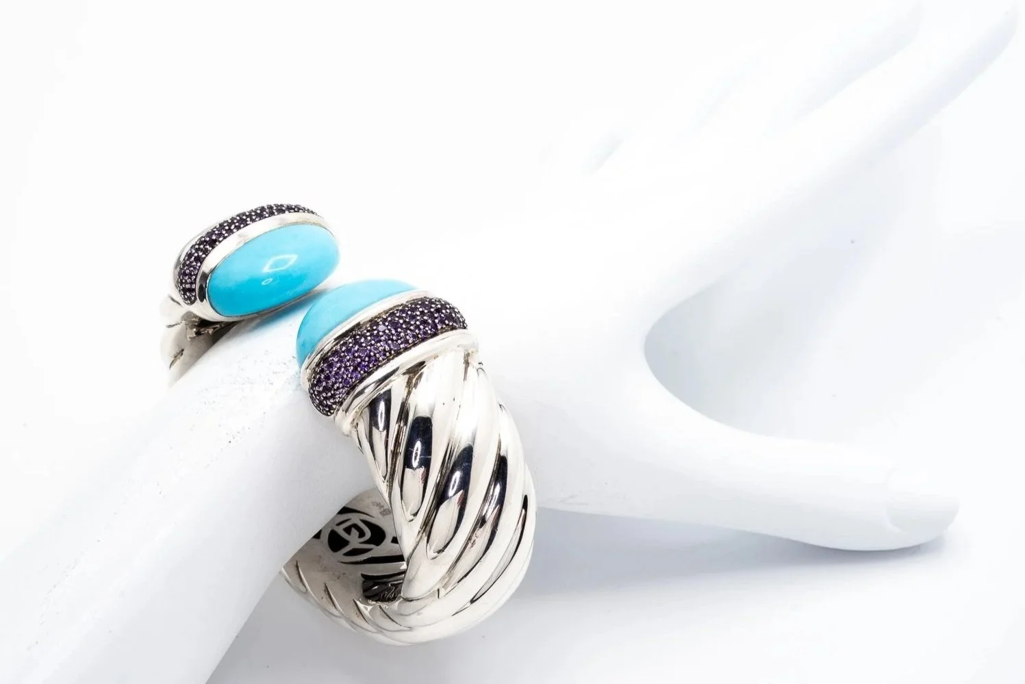 (Wa)Sterling Silver Amethyst Turquoise Hinged Cuff Bracelet