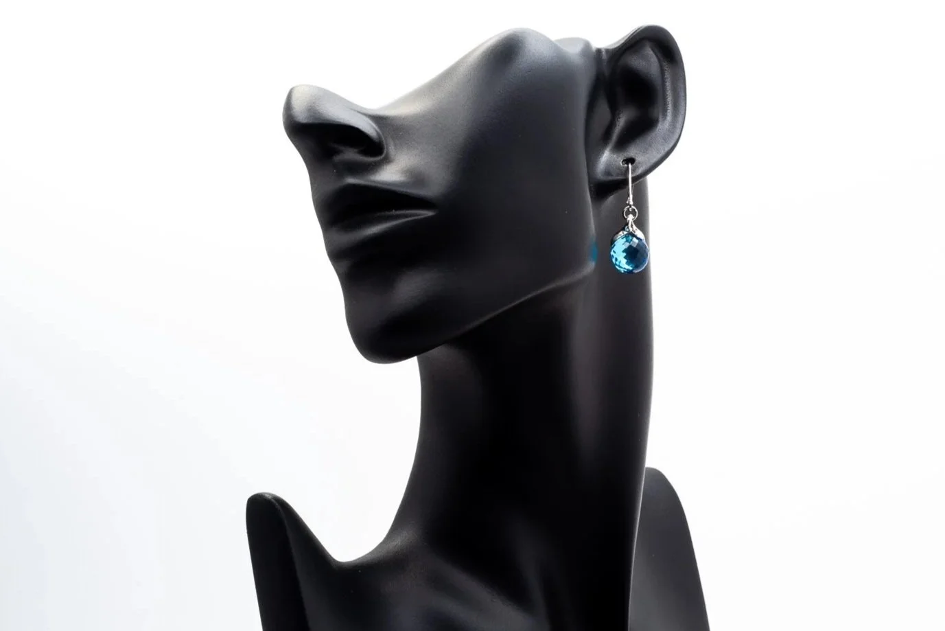 (F)White Gold Solitaire Blue Topaz Bead Drop Dangle Lever Back Earrings