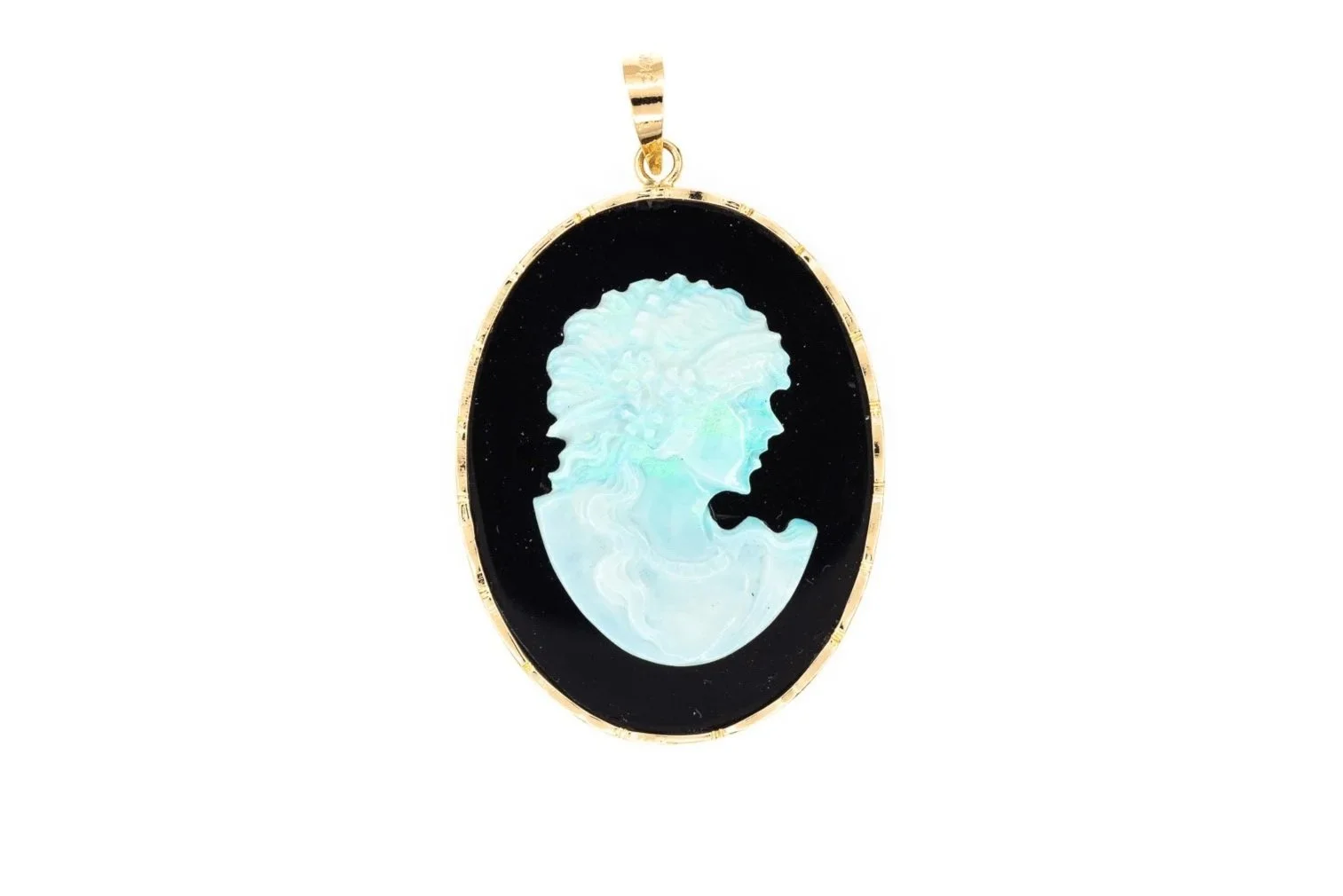 (T)Yellow Gold Solitaire Black Onyx White Opal Cameo Pendant
